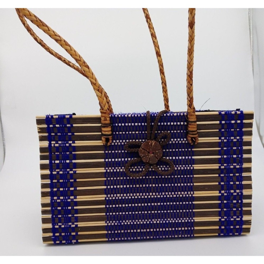 Thailand Purse Handbag Woven Straw Rattan Purple Handmade Flower Brown Womens
